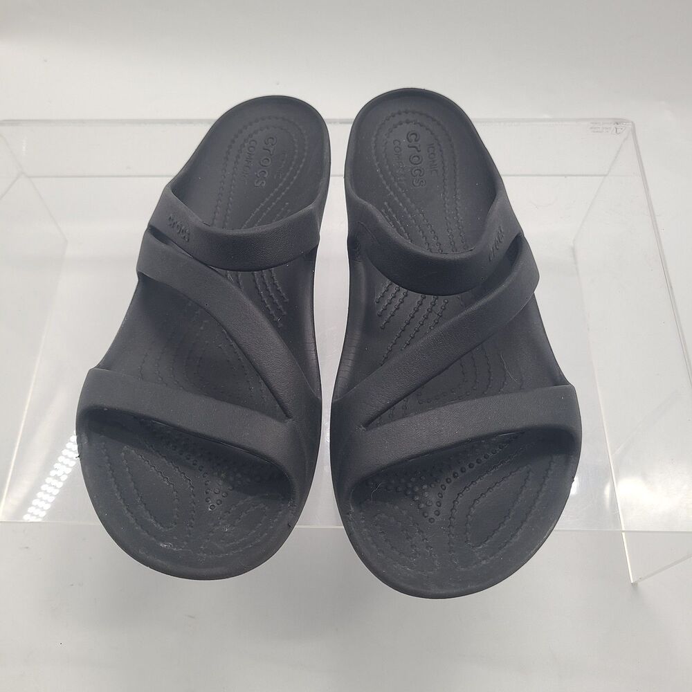 Crocs Iconic Comfort Patricia Black 3 Strap Slide Sandals w/ Logo Womens size 10
